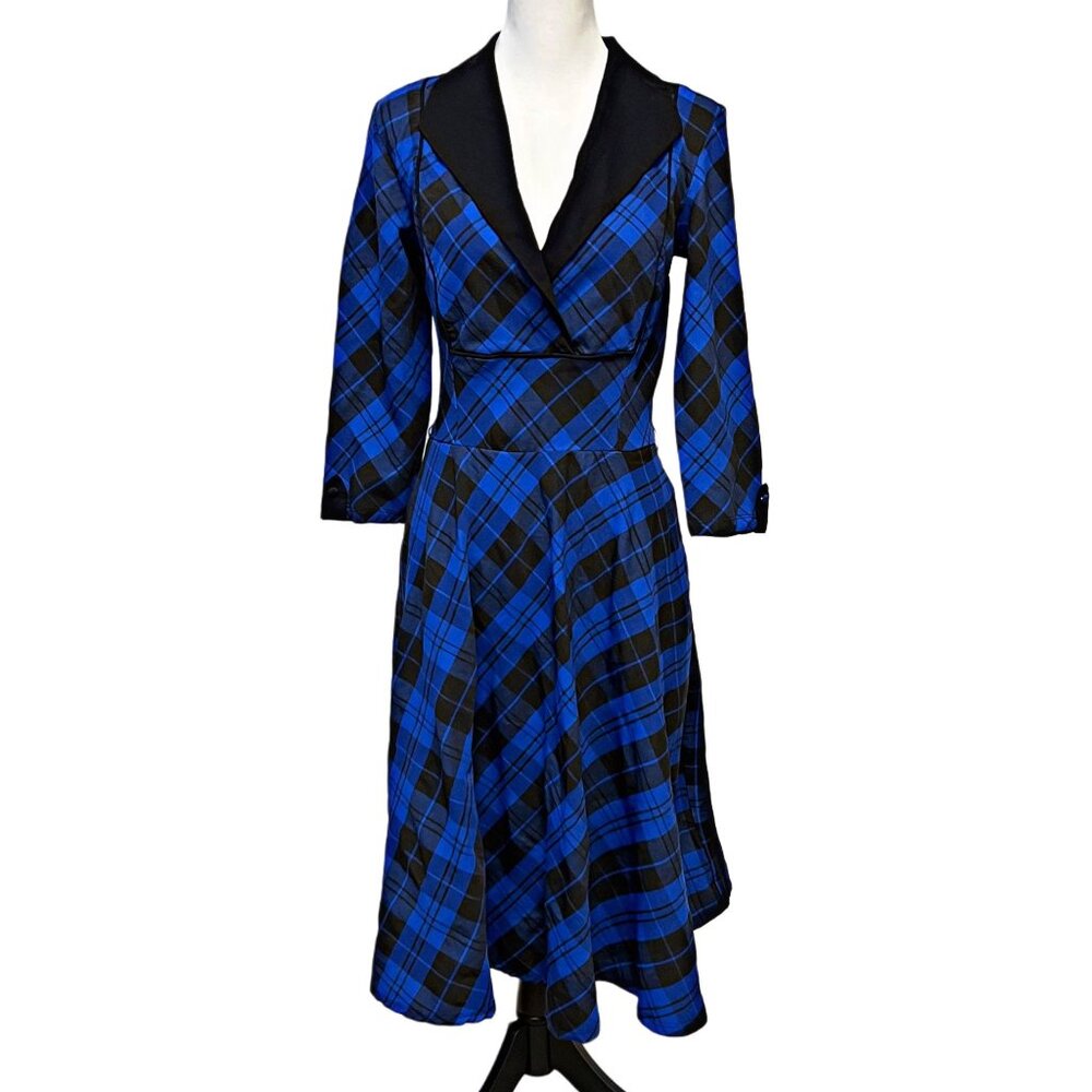 Unique Vintage Plaid Fit & Flare Midi Dress Retro Swing Wiggle Pockets Stretch - Picture 6 of 12